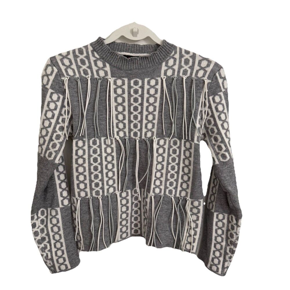 LA Mode Sweater Womens Small Gray Fair Isle Fringe Tassels Wool Blend Knit